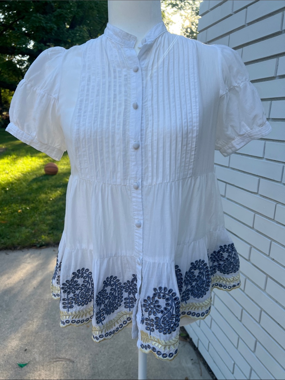 Blue Tassel for Anthropologie Embroidered Cotton Silk Babydoll Peasant Blouse S